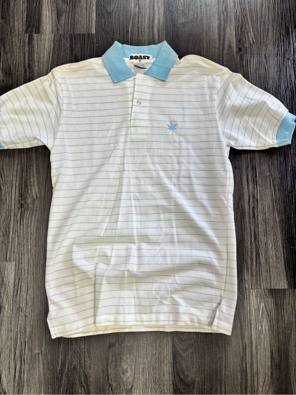 Vintage 80’s Rare Boast white & light blue striped polo shirt embroidered logo S